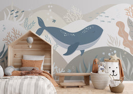 Cute whale ocean nursery mural with fish coral underwater landscape for baby room decor