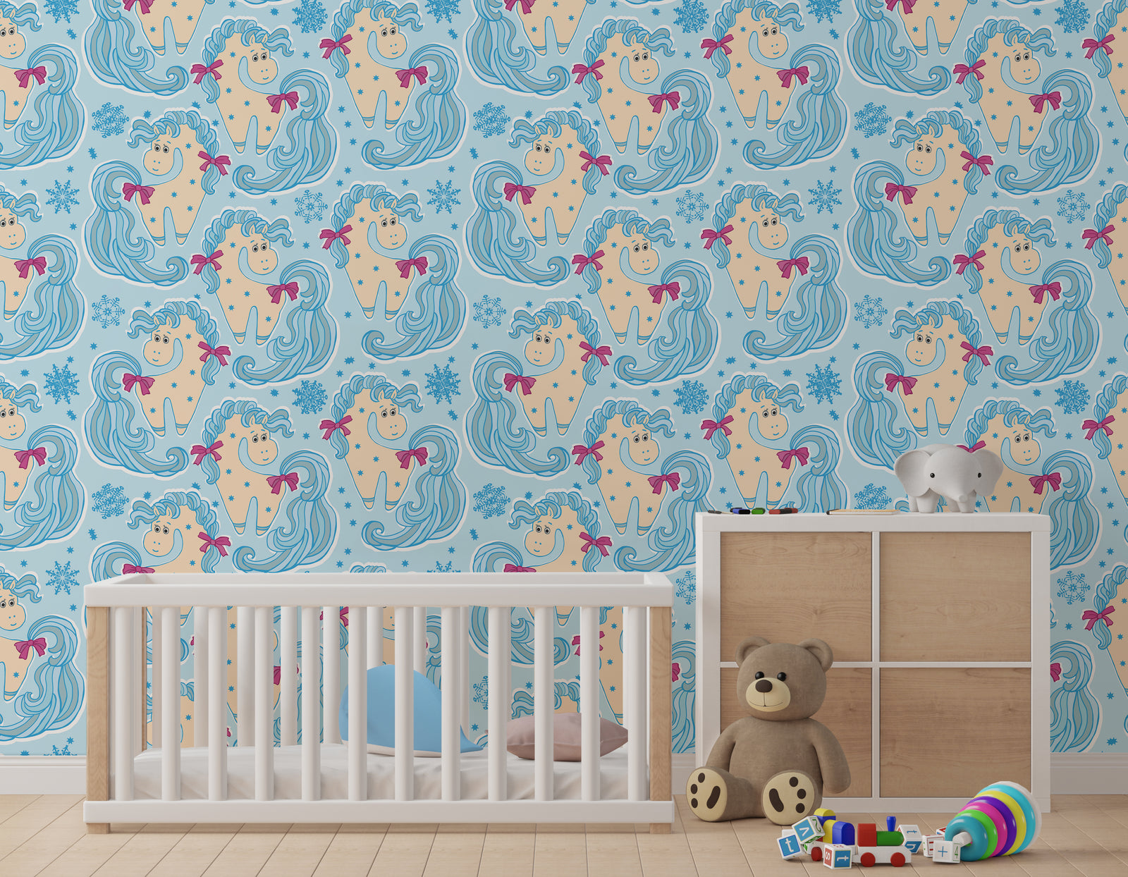 Cute unicorn pattern wallpaper in soft blue tones ideal for kids bedroom walls