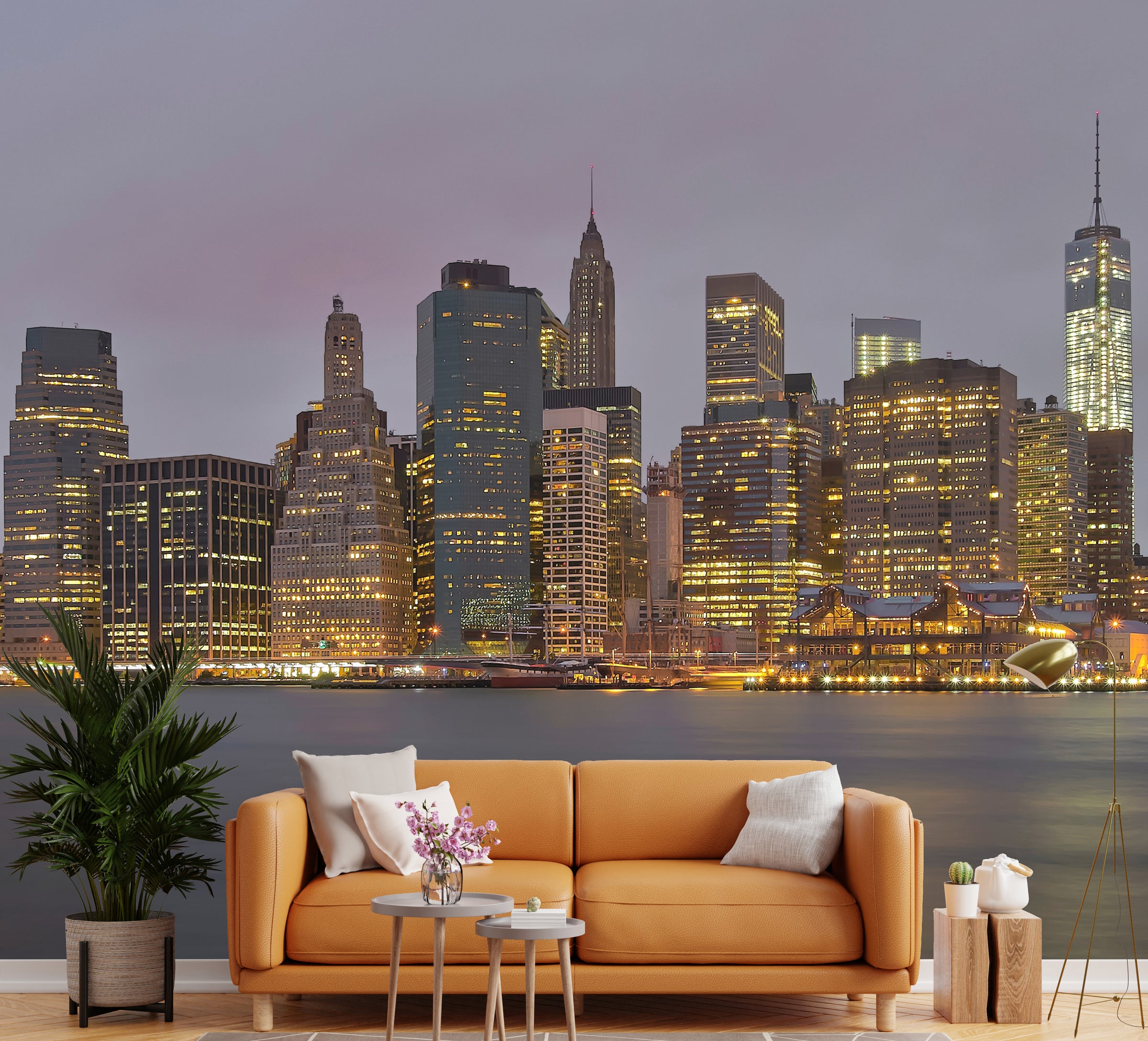 Minimal contemporary interior with dramatic waterfront skyline mural highlighting evening metropolitan architecture.