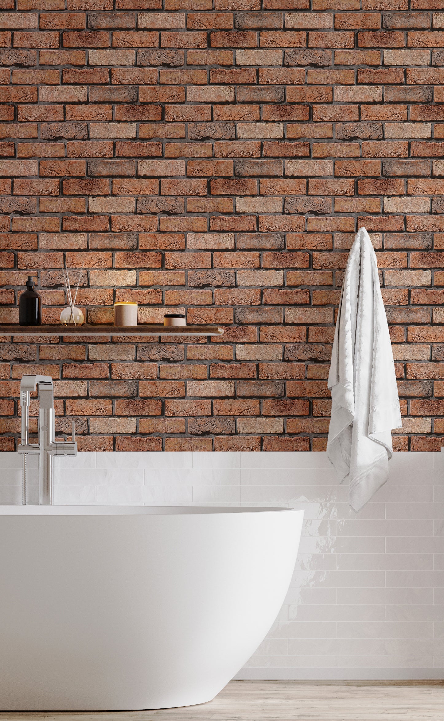 Classic red brick pattern creating bold statement in modern bathroom decor
