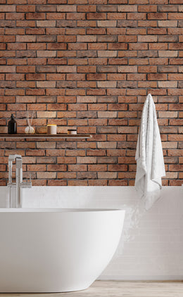 Classic red brick pattern creating bold statement in modern bathroom decor
