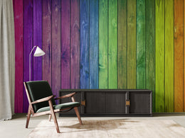 Colorful Wood Stripe Wall Mural | Rainbow Self Adhesive Wallpaper