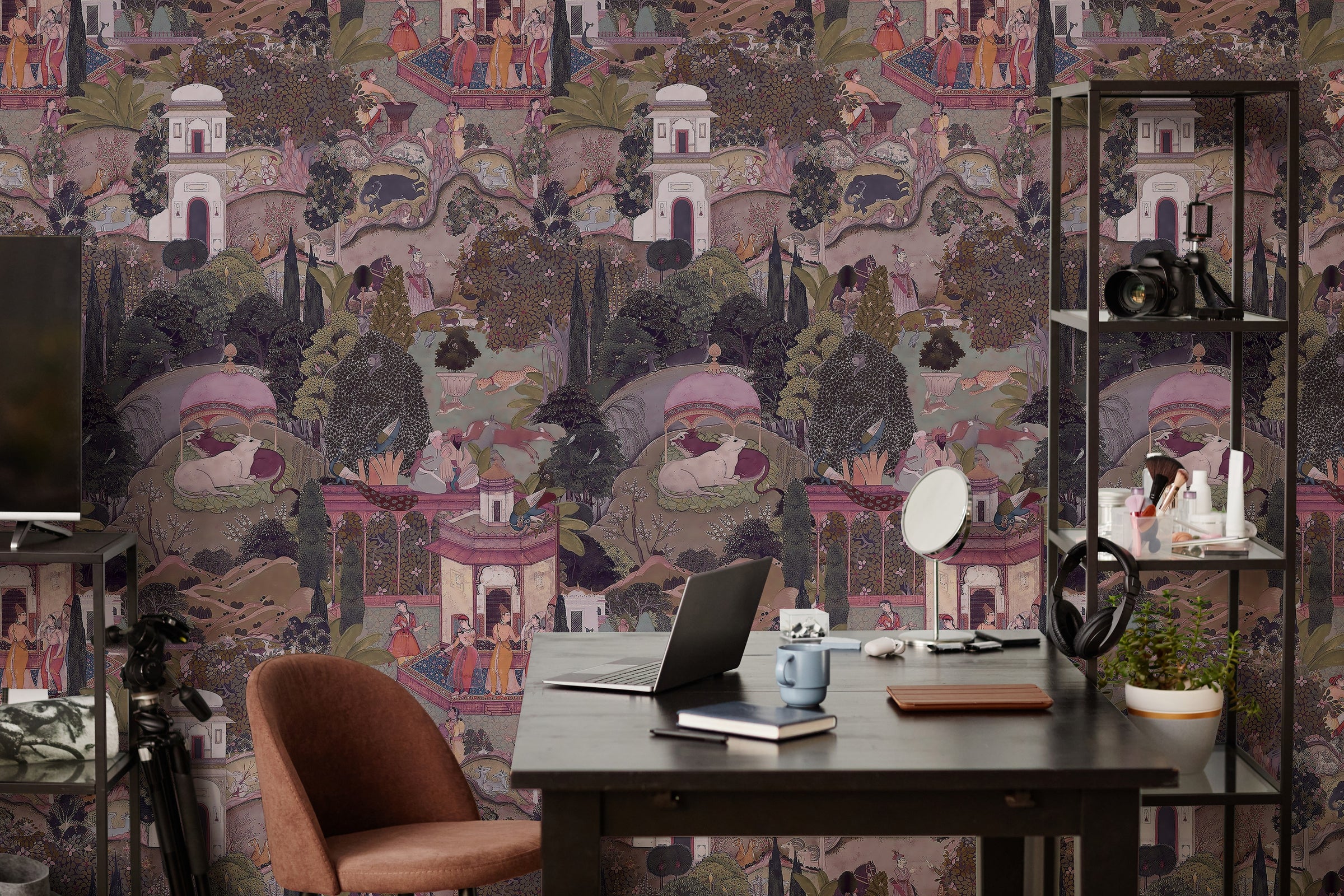 Premium office decor wallpaper featuring artistic Indian garden mural in dusty pink and olive color palette