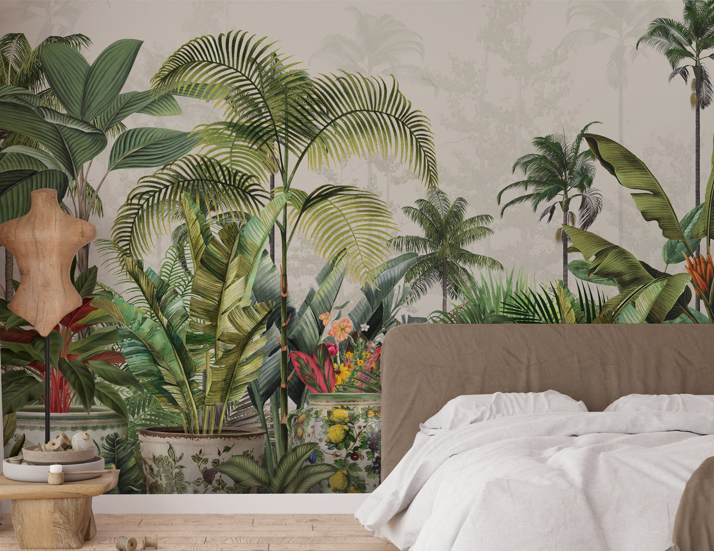 Elegant tropical leaf wallpaper mural creating welcoming guest room wall decor ambiance