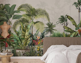 Elegant tropical leaf wallpaper mural creating welcoming guest room wall decor ambiance
