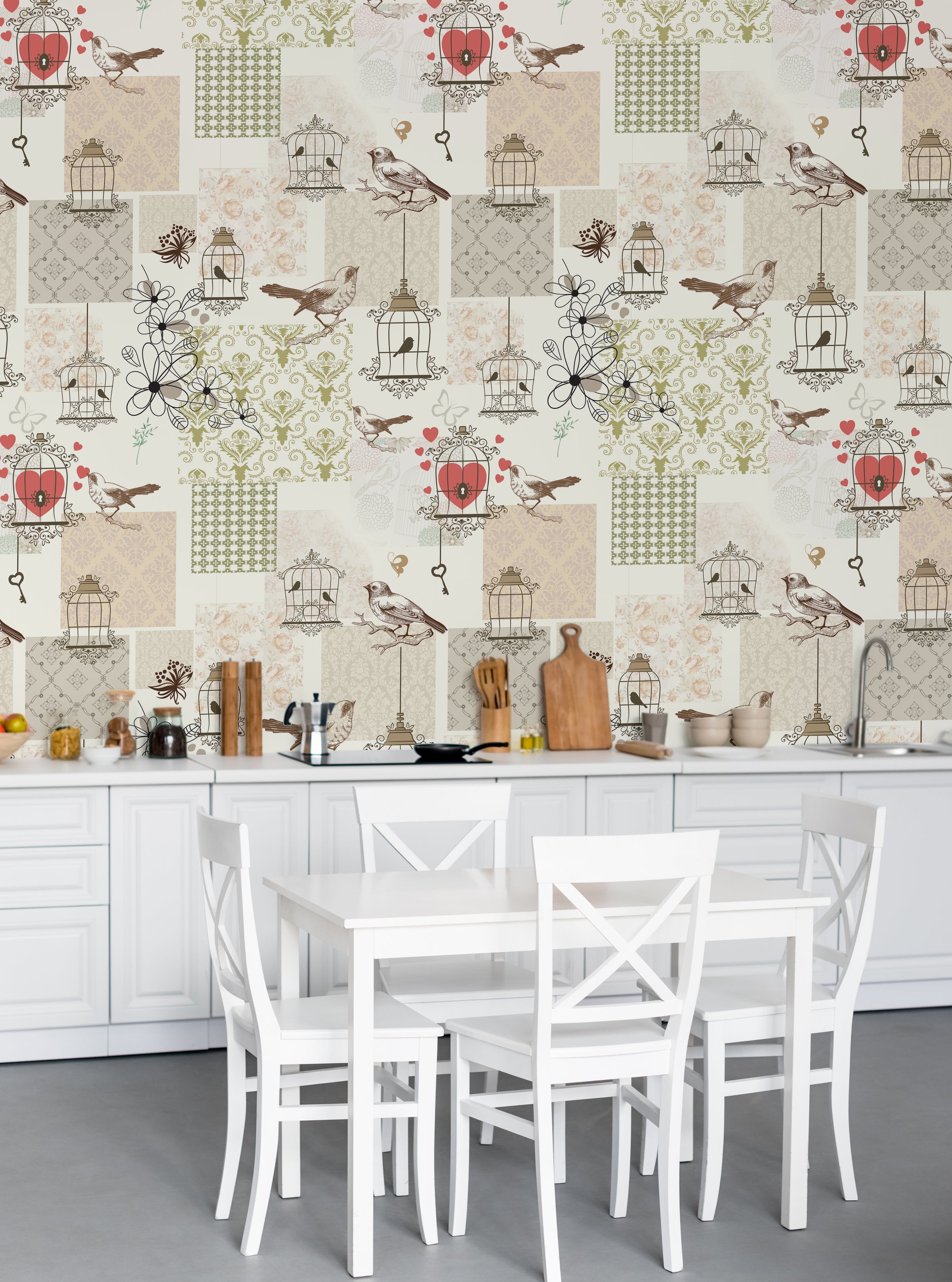 Vintage Bird Cage Wallpaper Beige Olive Peel and Stick Patchwork Wall Art