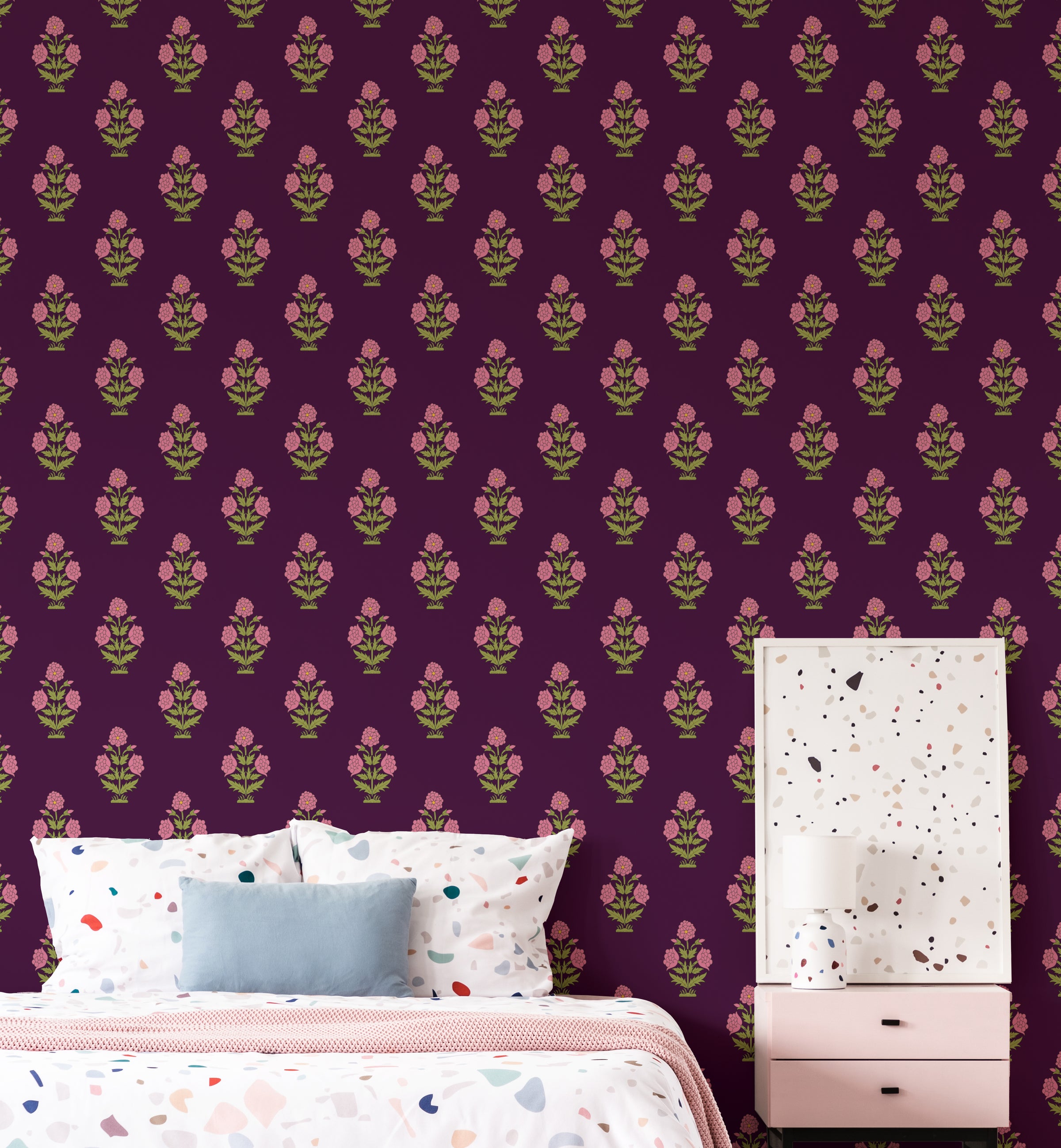 Modern guest room interior featuring stylish traditional plant motif wall mural adding texture depth and artistic character.