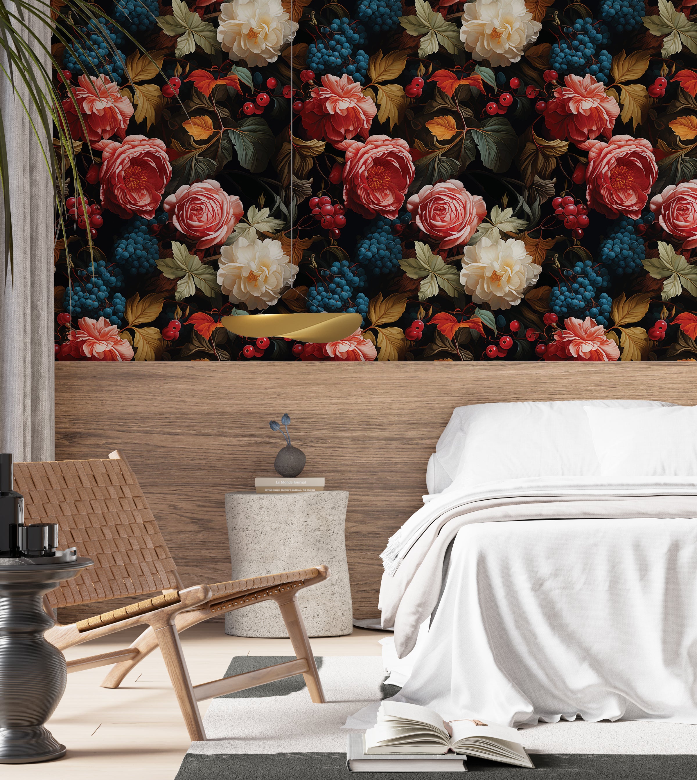 Moody botanical wallpaper with rich colors and layered leaves for stylish home office decor
