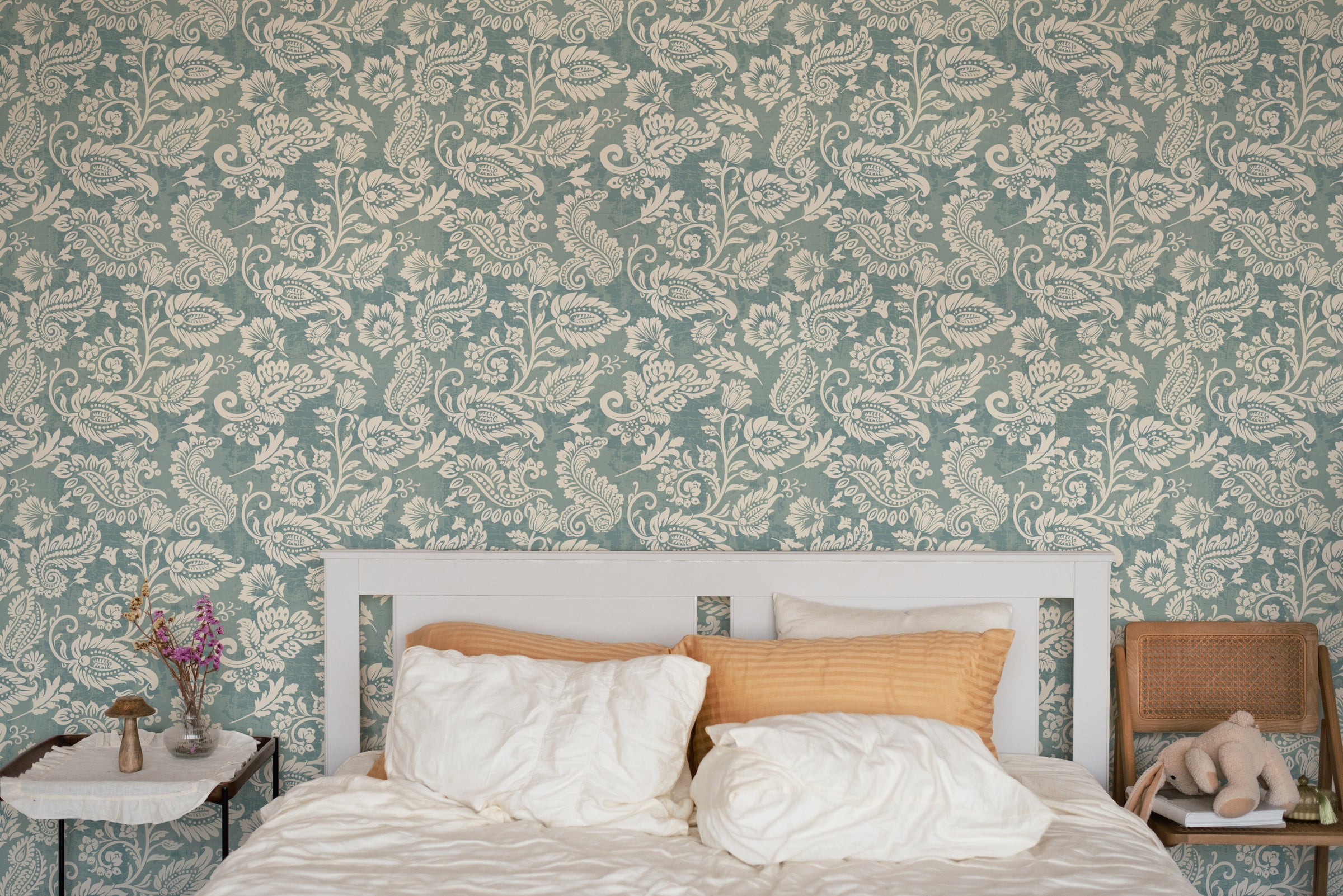 Vintage Teal Floral Living Room Peel and Stick Wallpaper