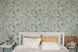 Vintage Teal Floral Living Room Peel and Stick Wallpaper