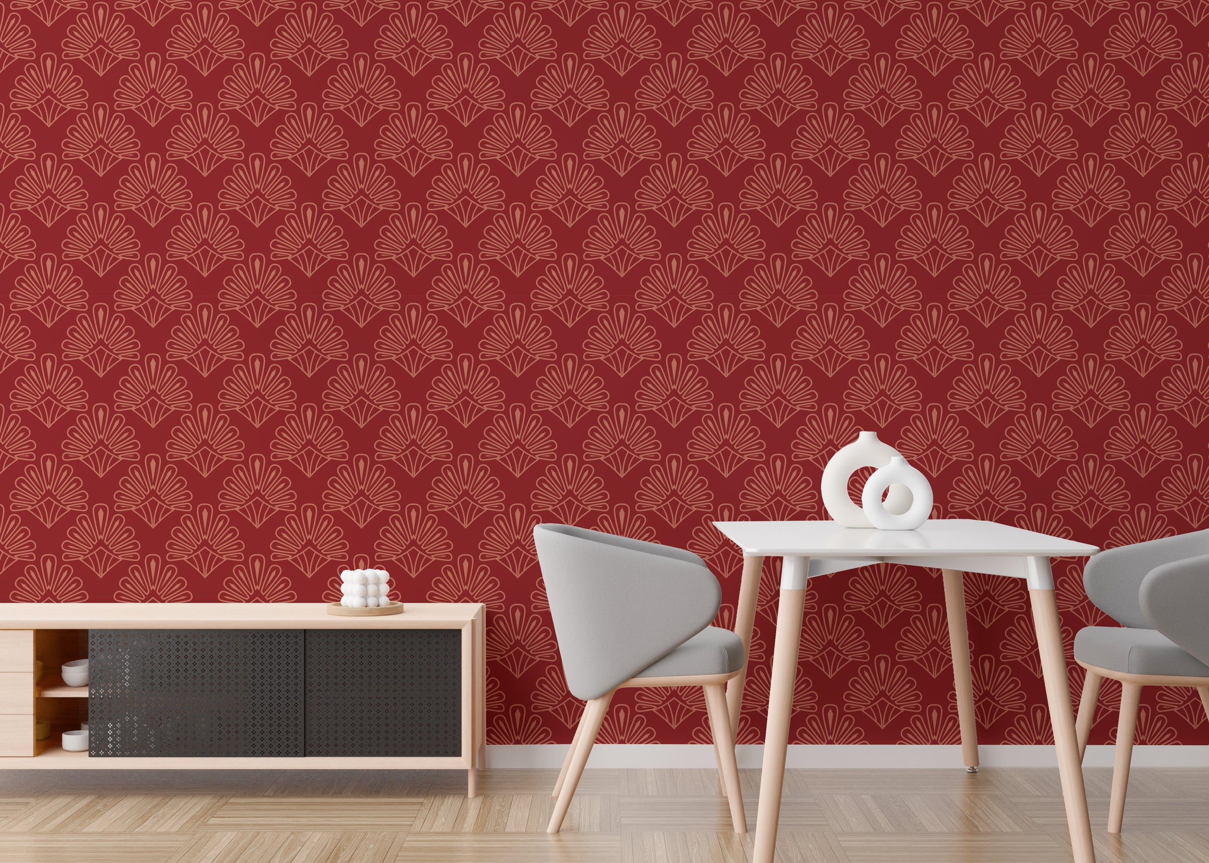 Art Deco Damask Design | Red Vintage Peel and Stick Wallpaper