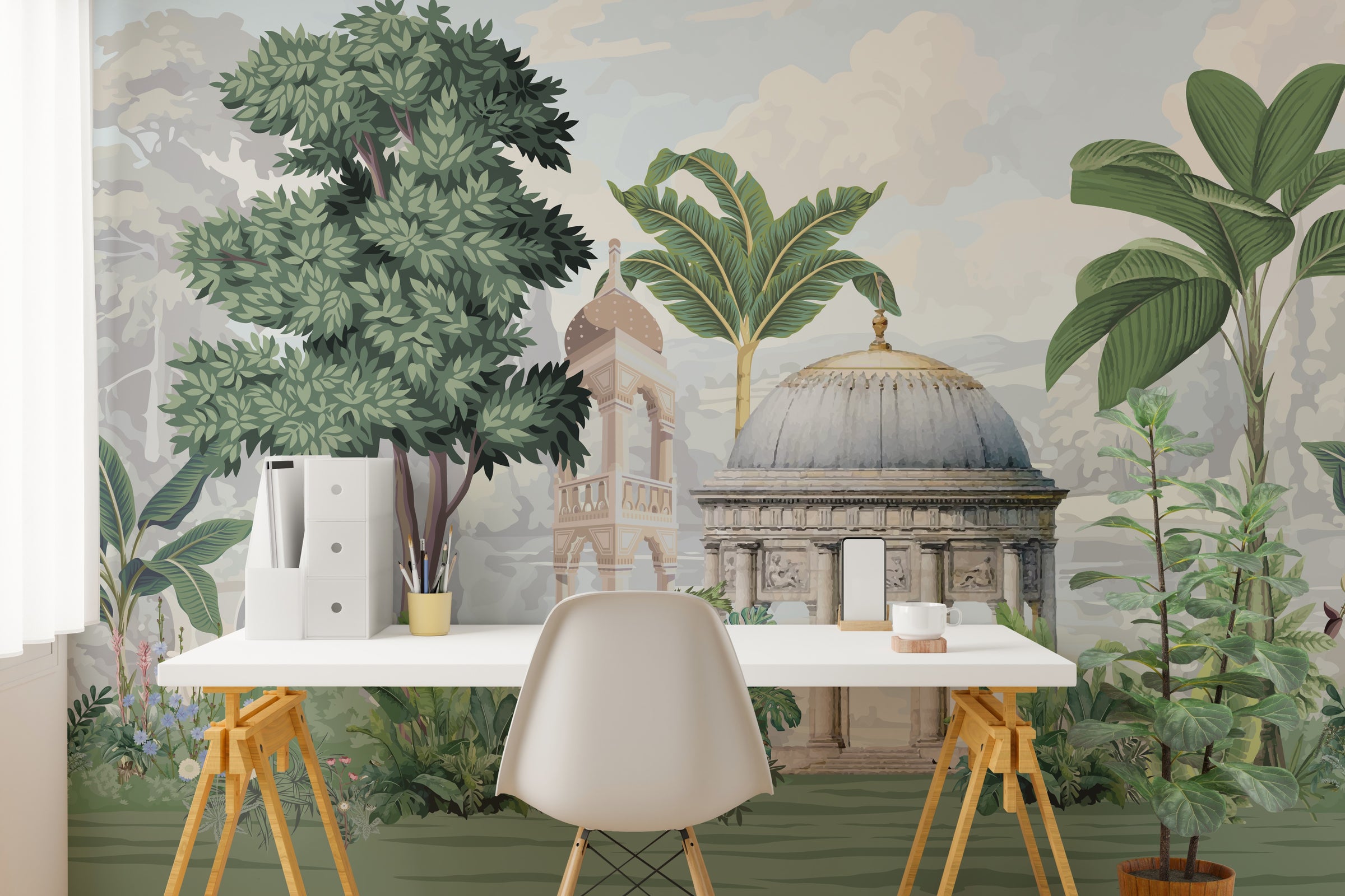 Vintage palace garden wallpaper with leafy trees and soft green tones dining room wall