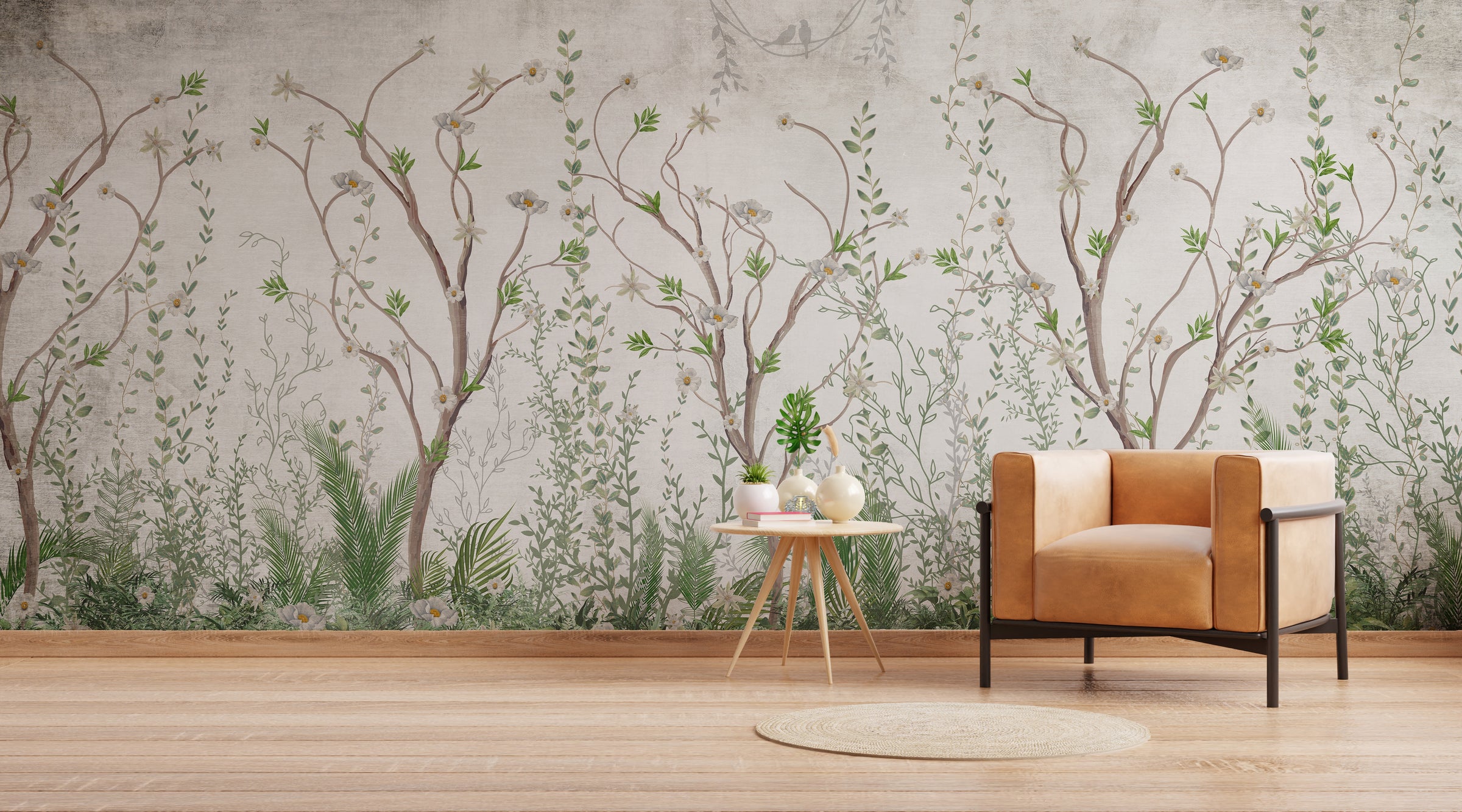 Hand Painted Chinoiserie Wallpaper | Botanical Tree Mural Removable Design