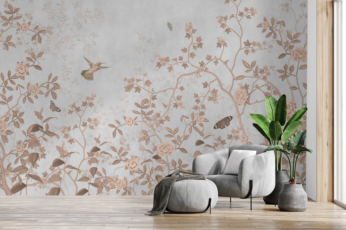Floral Bird Wall Decor Neutral Gray Chinoiserie Bed Room Peel and Stick Wallpaper