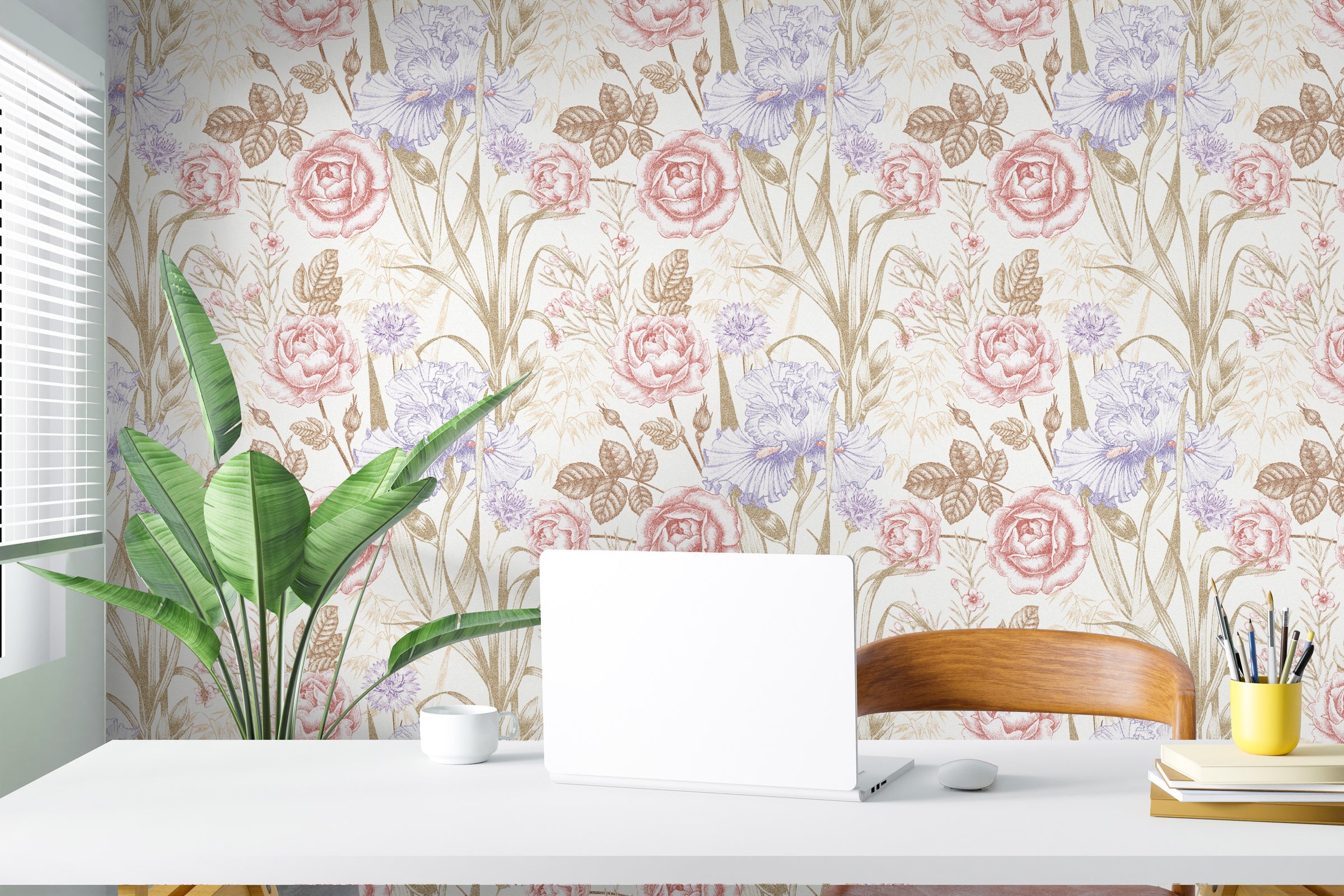 Subtle lavender flower wallpaper creating soothing study room or workspace wall decor