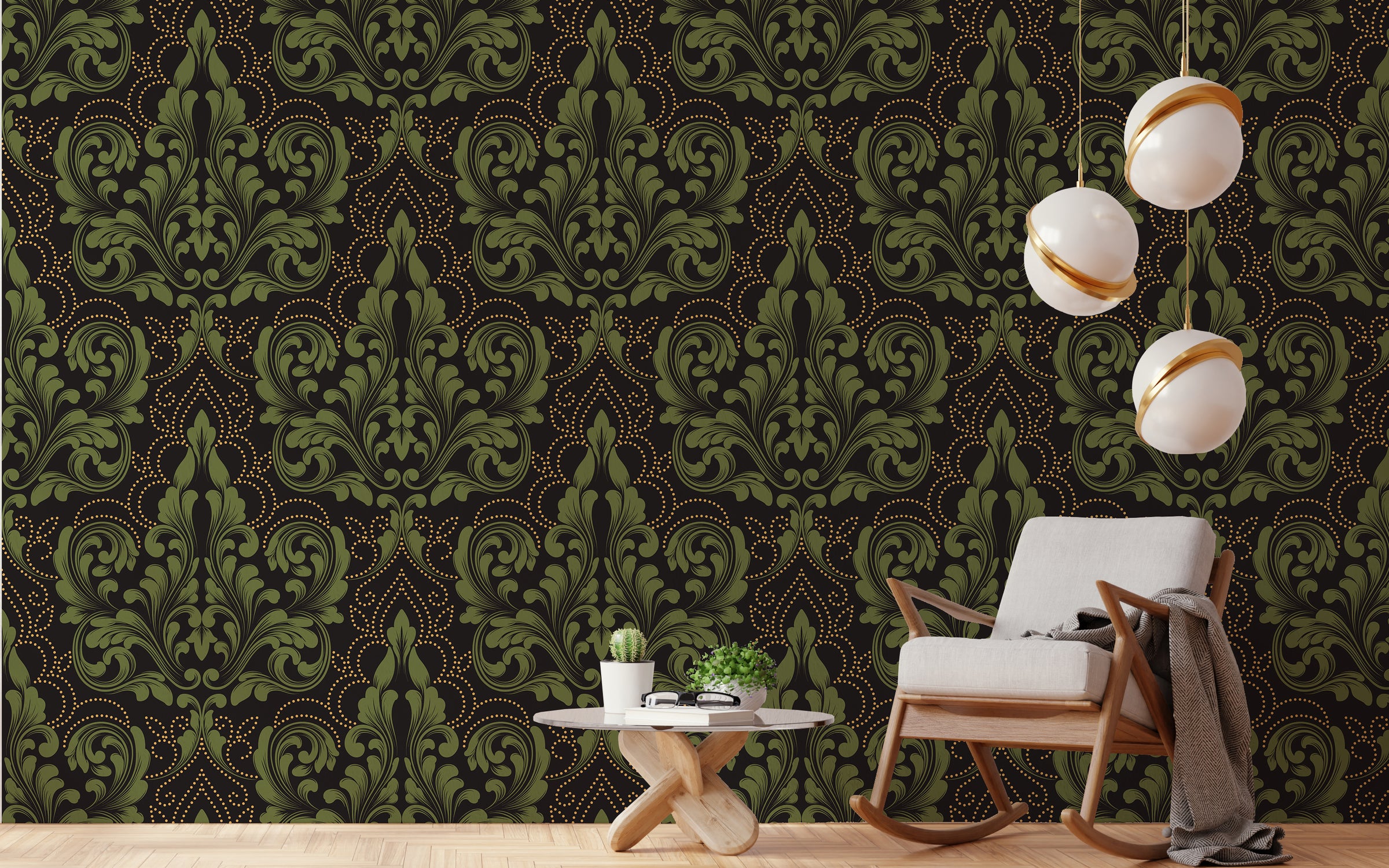 Elegant bedroom wallpaper showcasing deep green floral damask design for rich interior decor