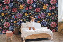 Modern design featuring dark botanical blooms and vibrant tones, ideal for elegant guest room wall styling