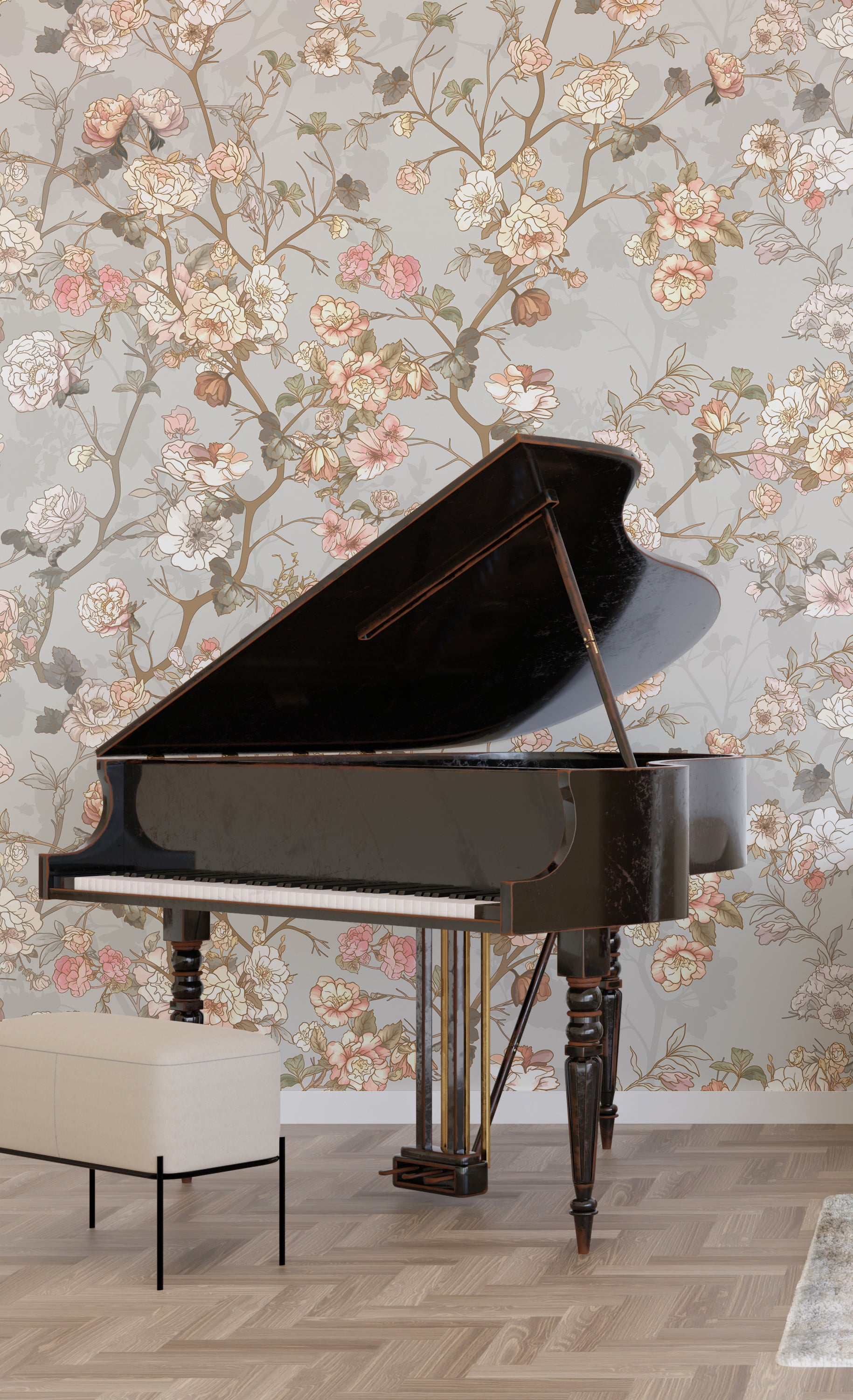 Timeless botanical mural with muted pastel blooms, calming lounge interior styling