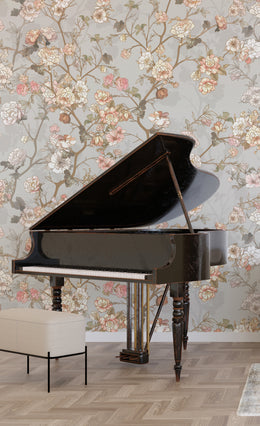 Timeless botanical mural with muted pastel blooms, calming lounge interior styling