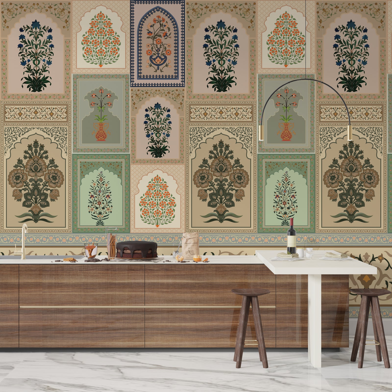 Indian ethnic mural with intricate arch frames in neutral palette dining space