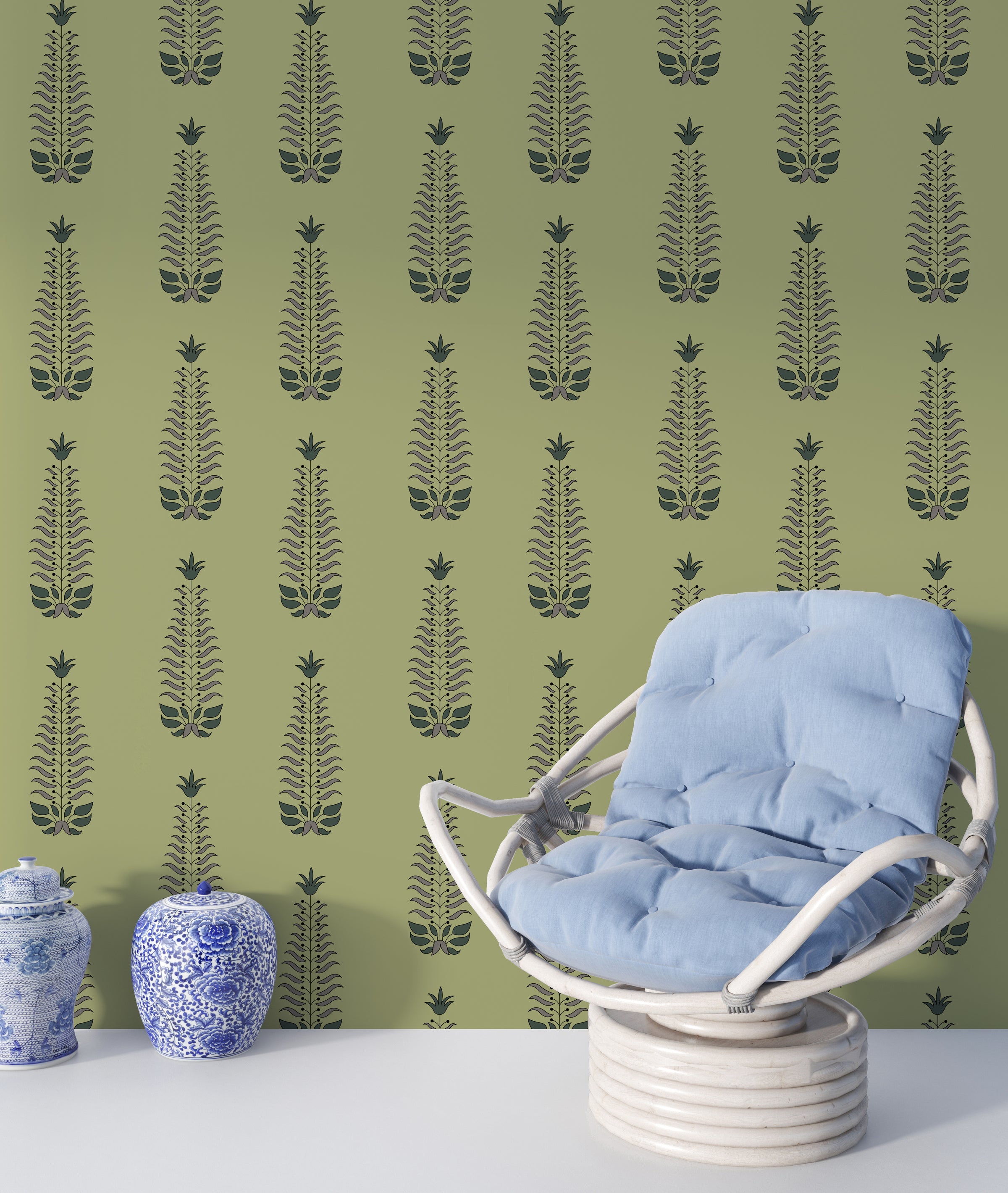 Elegant green motif wallpaper adding subtle texture and warmth to contemporary bedroom walls