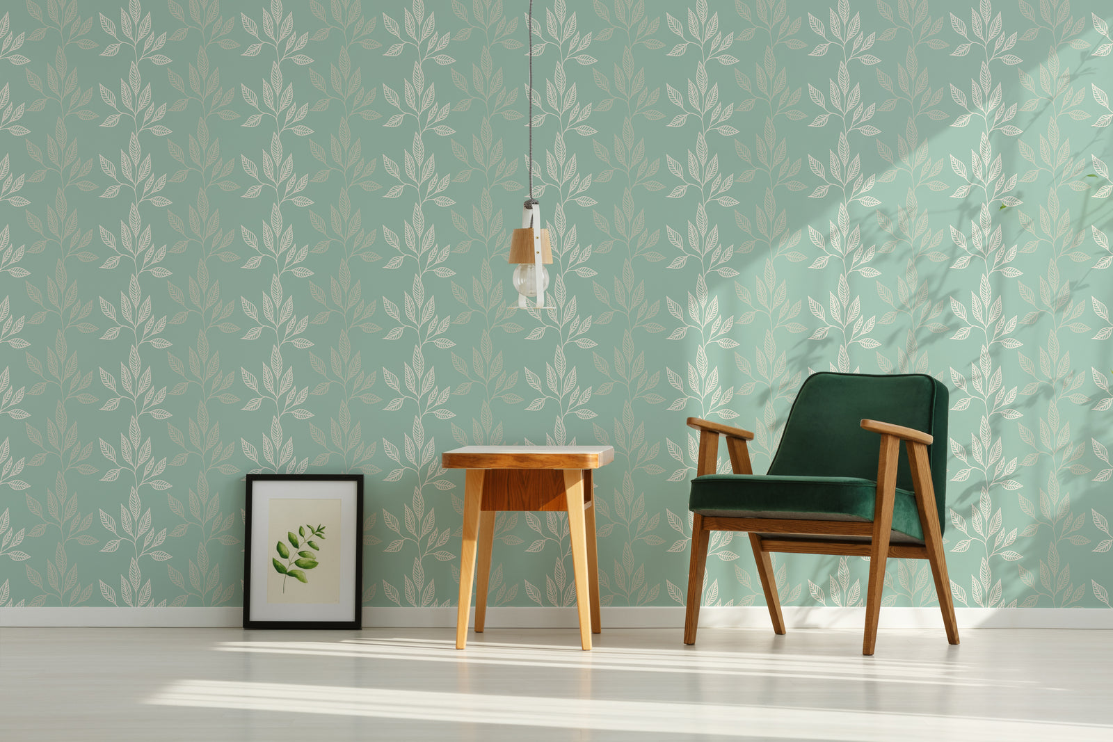 Sage Green Botanical Leaf Wallpaper | Modern Peel and Stick Wall Decor