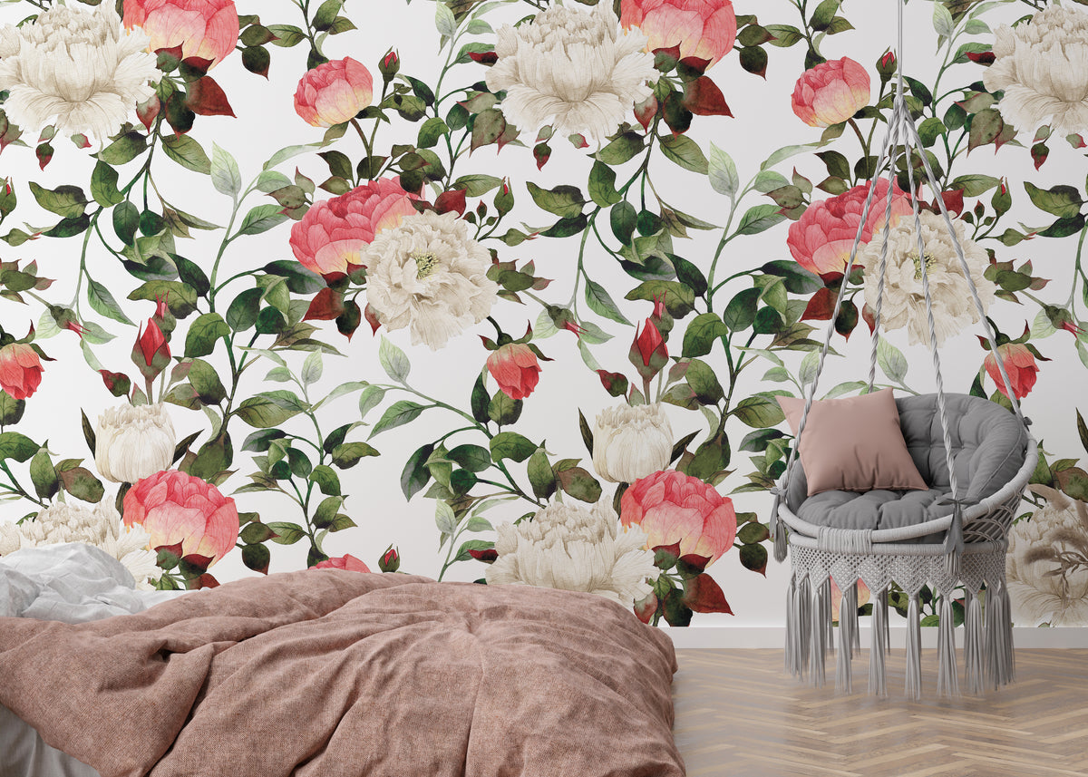 Soft Pink Peony Floral Peel and Stick Wallpaper Elegant Botanical Wall Decor