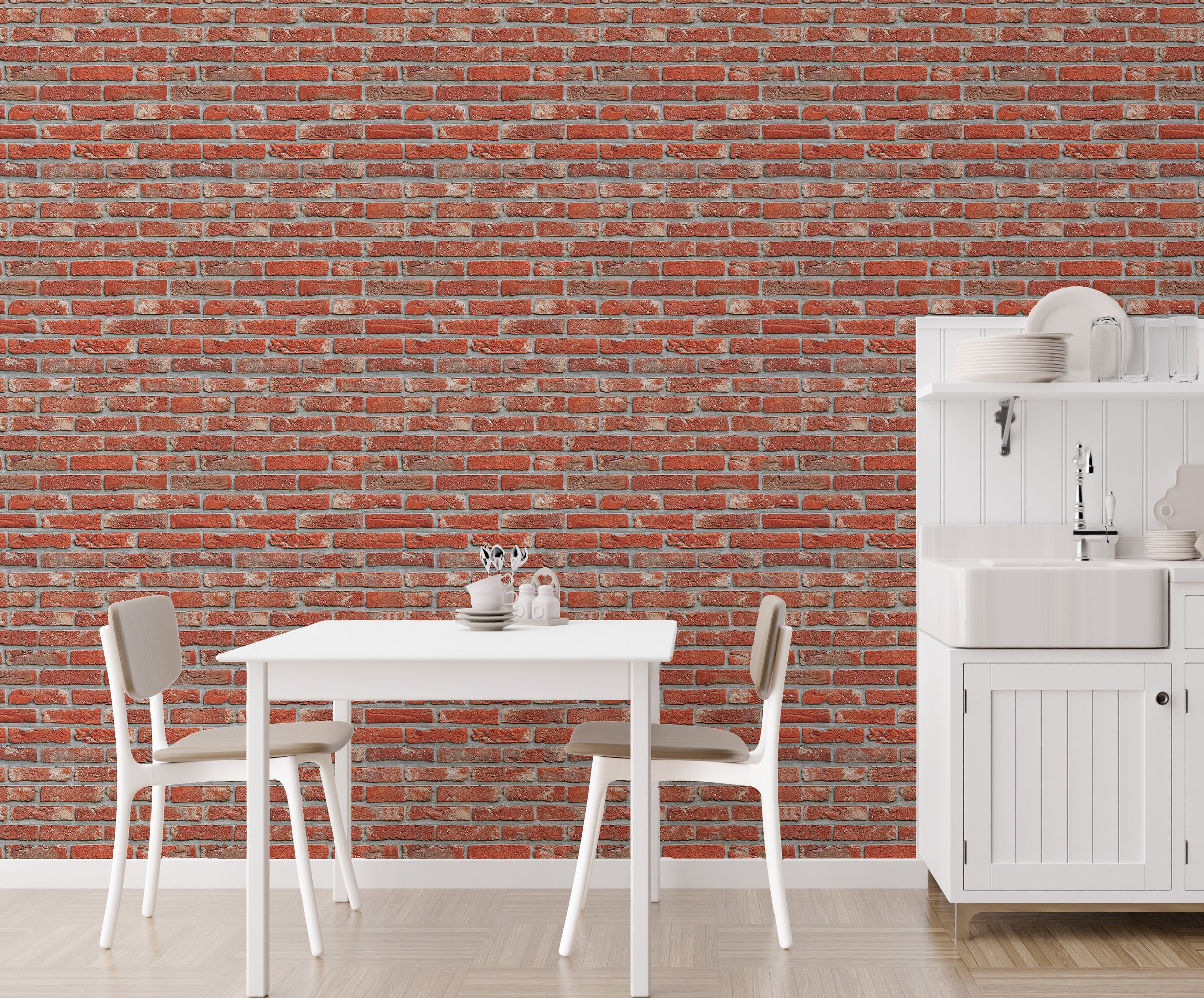 Industrial style brick wall wallpaper mural bringing a warm urban aesthetic to  modern kitchen.