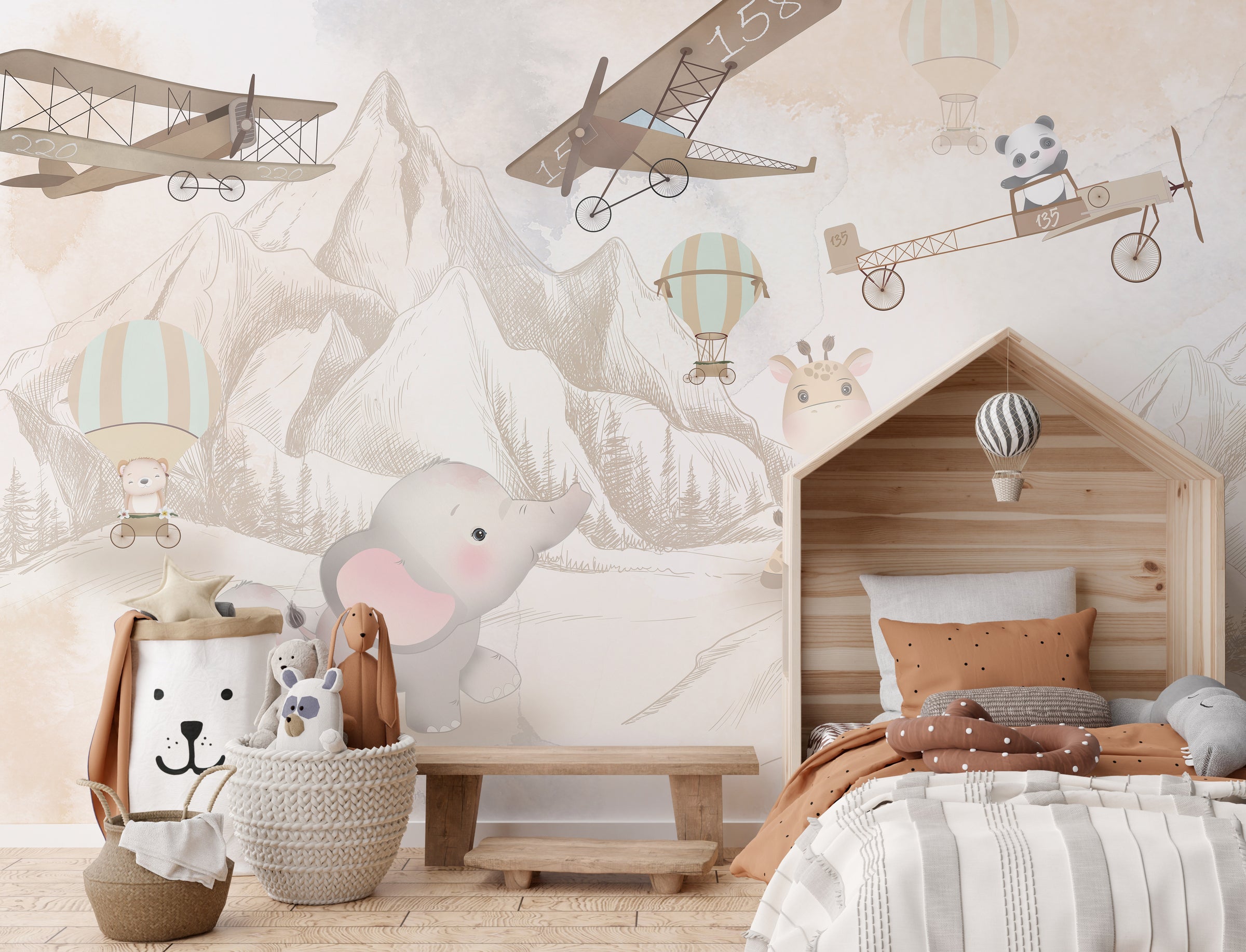 Neutral Safari Animal Nursery Wallpaper | Airplane and Balloon Peel and Stick Vinyl