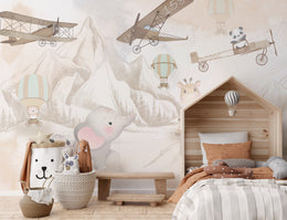 Neutral Safari Animal Nursery Wallpaper | Airplane and Balloon Peel and Stick Vinyl