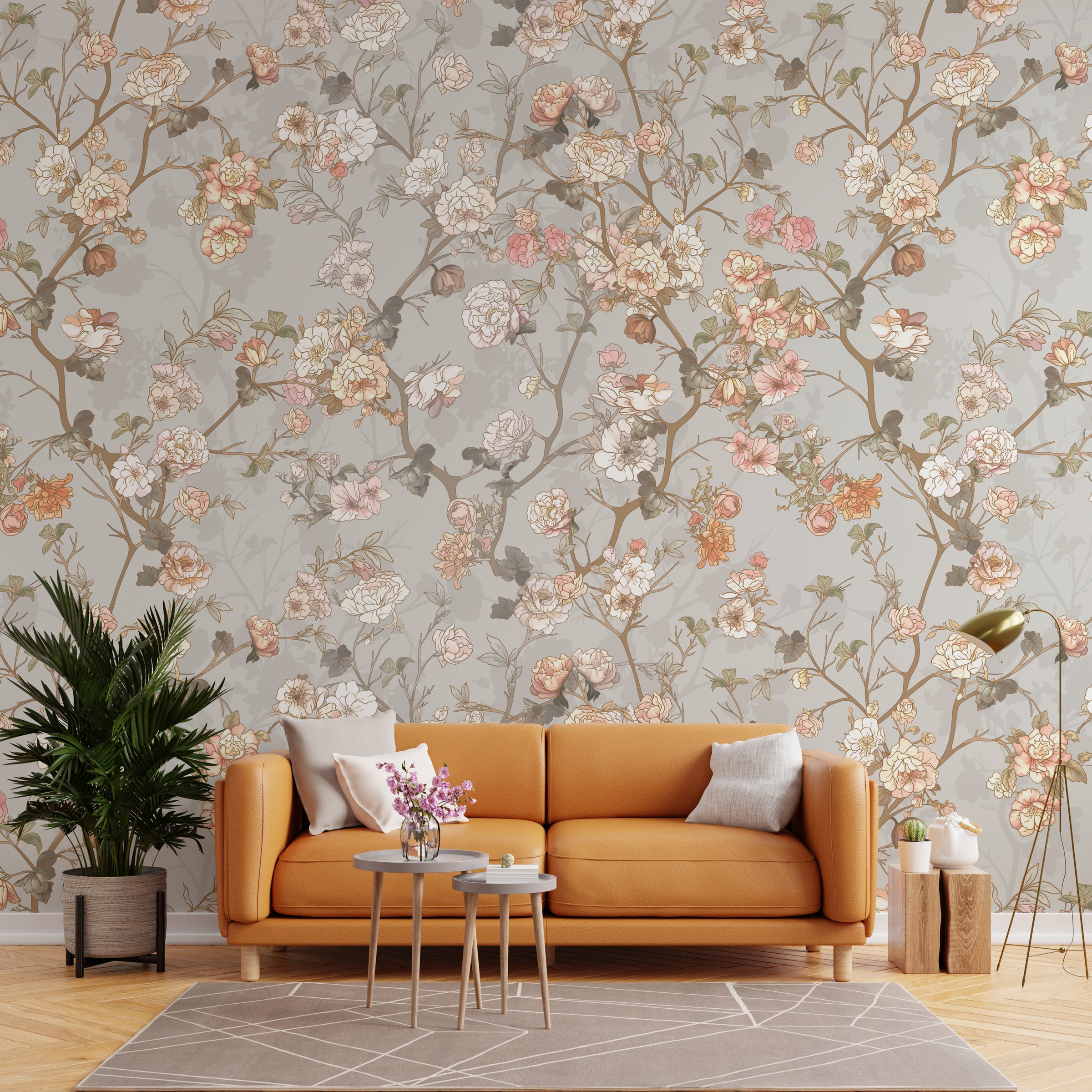 Vintage floral wall mural with blush and beige blooms, elegant living room accent decor
