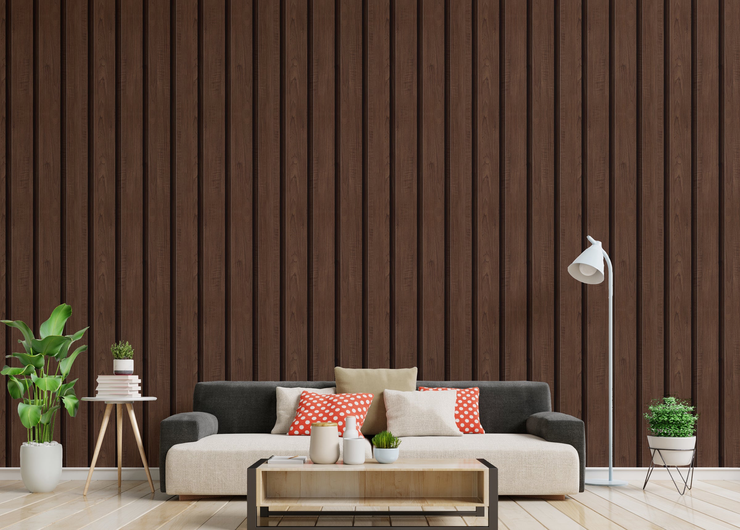 Brown textured wood panel wallpaper perfect for modern bedroom accent wall styling