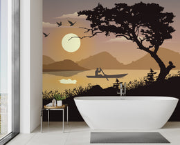 Minimal silhouette wallpaper with bold tree and boat, sunset glow colors, elegant bathroom decor