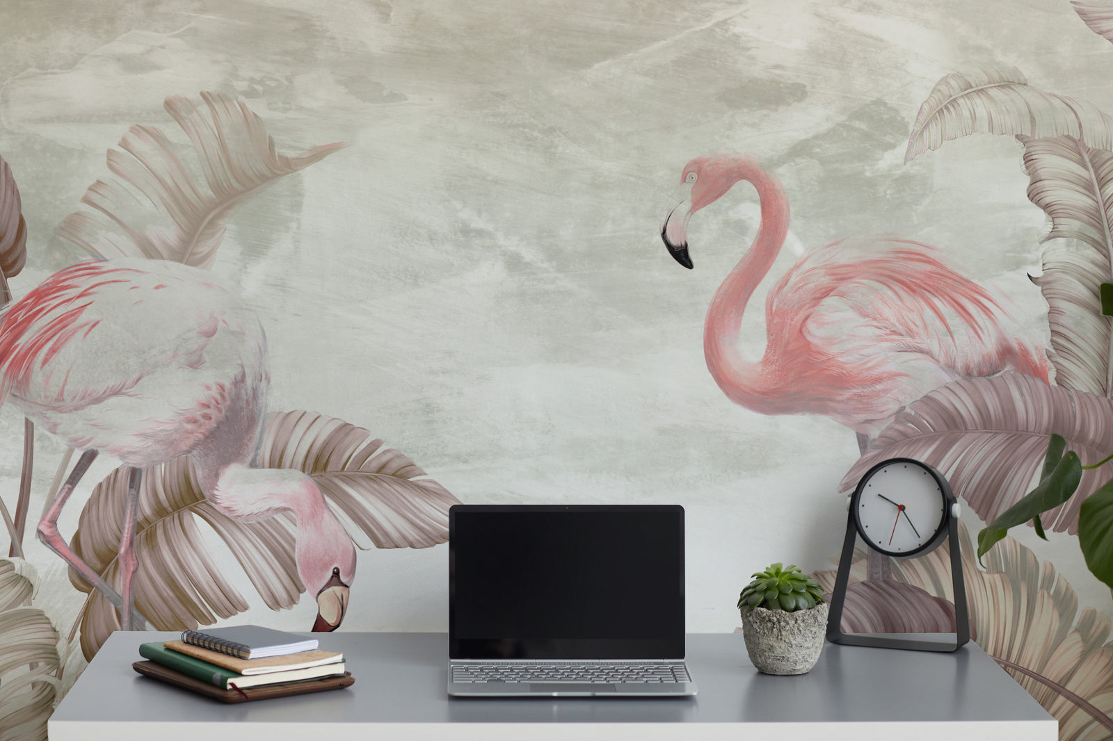 Botanical flamingo wallpaper in blush tones for stylish office or workspace walls