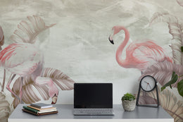 Botanical flamingo wallpaper in blush tones for stylish office or workspace walls
