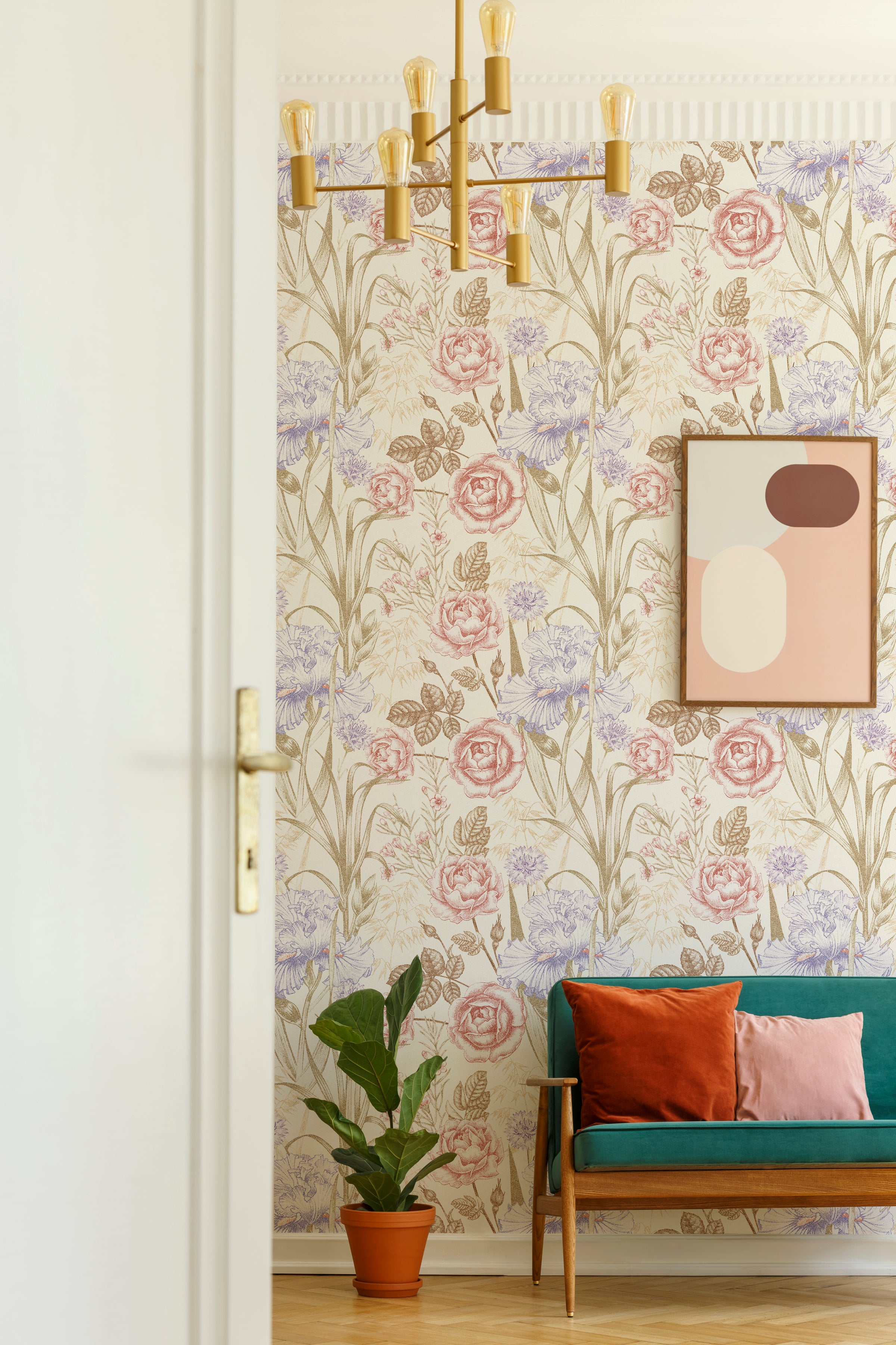 Romantic blush pink floral mural with vintage leaves for feminine dressing room decor