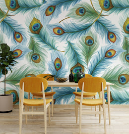 Elegant peacock feather pattern enhancing dining room with rich artistic ambiance