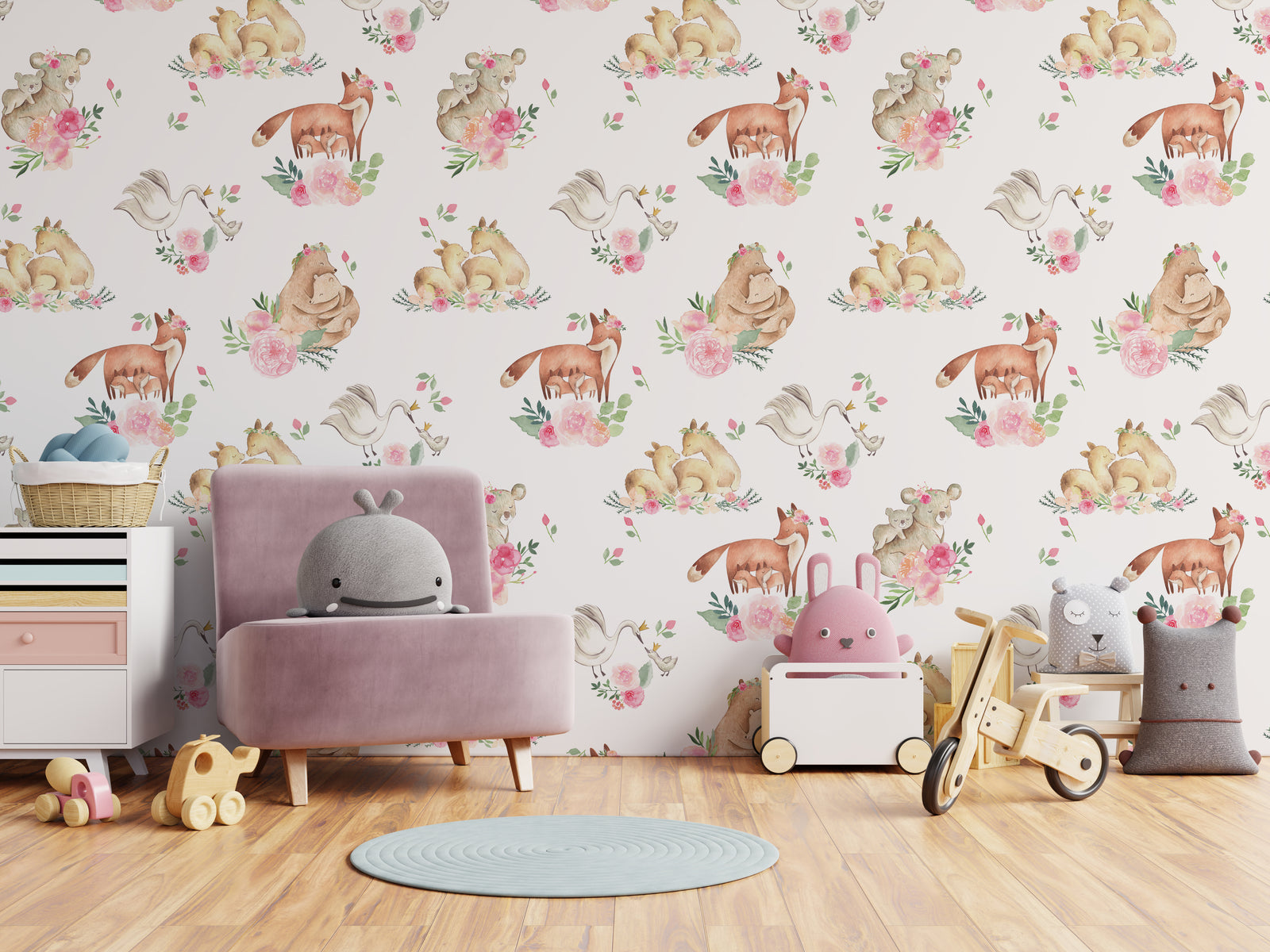 Modern playroom accent wallpaper with soft watercolor animal pattern and pastel floral elements for creative kids space