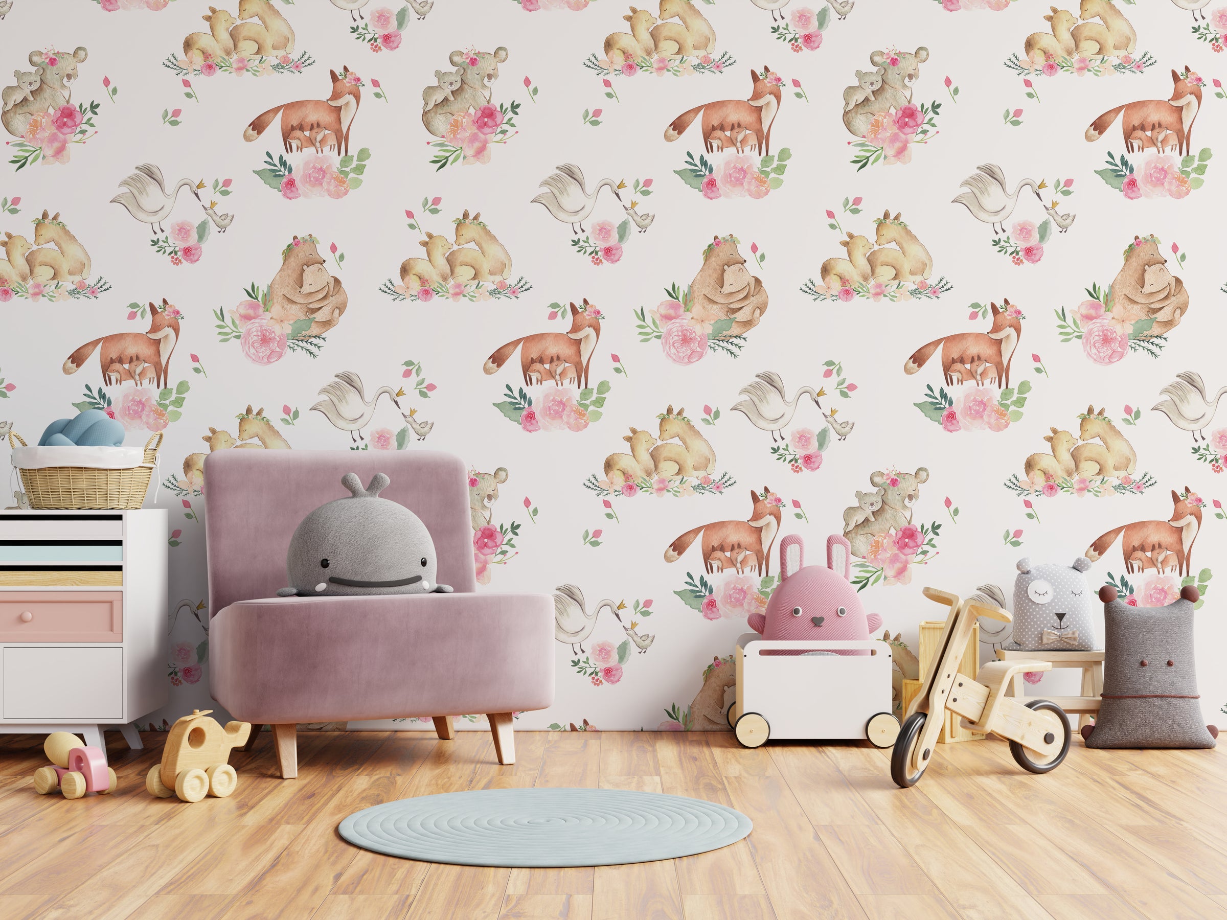 Modern playroom accent wallpaper with soft watercolor animal pattern and pastel floral elements for creative kids space