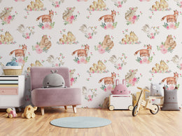 Modern playroom accent wallpaper with soft watercolor animal pattern and pastel floral elements for creative kids space