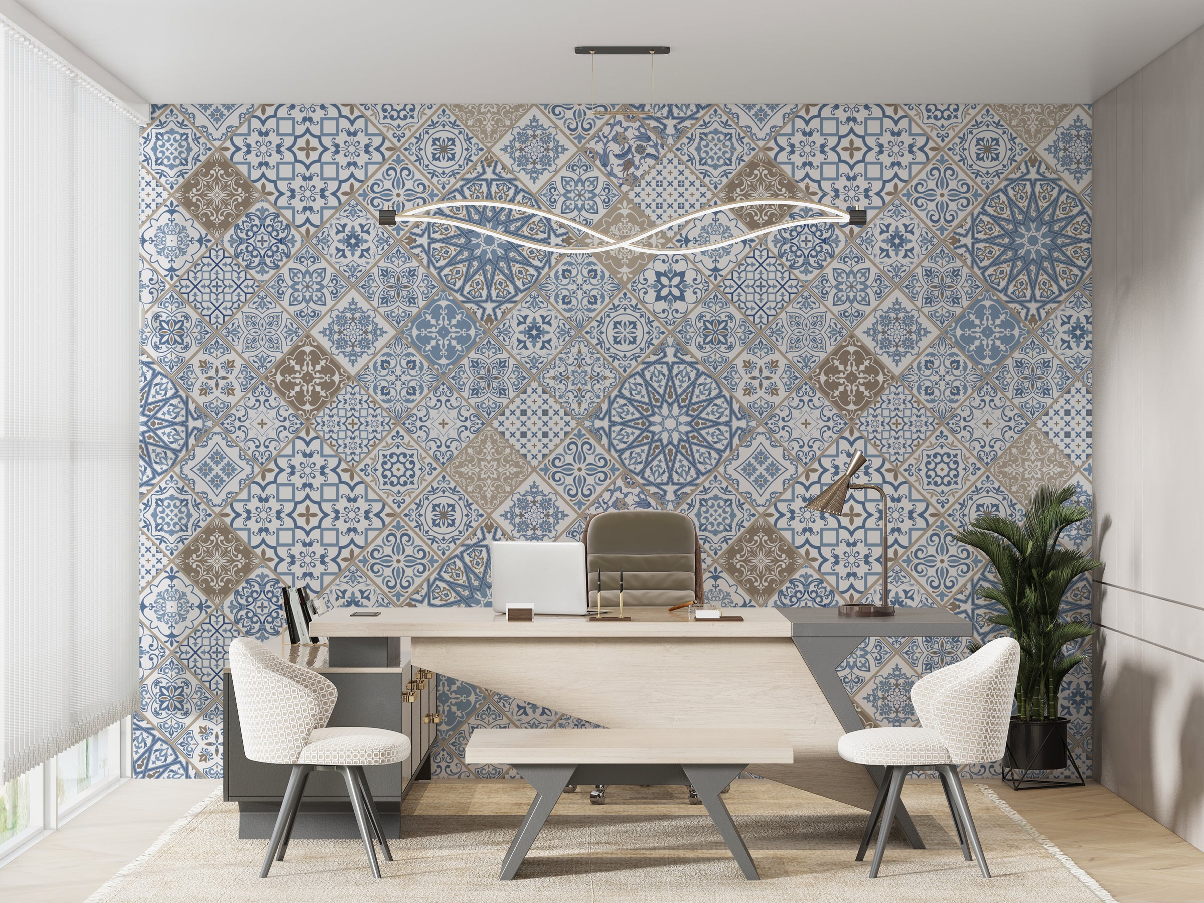 Blue ceramic pattern tile wallpaper with artistic Mediterranean design for boutique office interiors