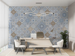 Blue ceramic pattern tile wallpaper with artistic Mediterranean design for boutique office interiors