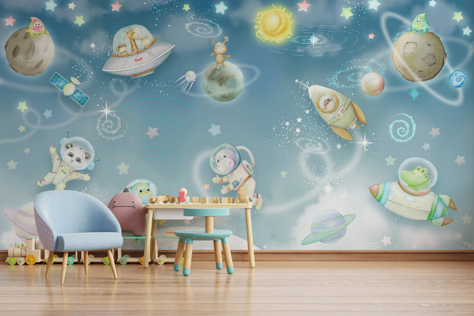 Galaxy Animal Wallpaper | Blue Space Nursery Peel and Stick Wall Mural