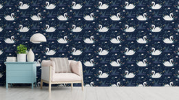Dark swan pattern with floral botanical design brightening modern living room decor