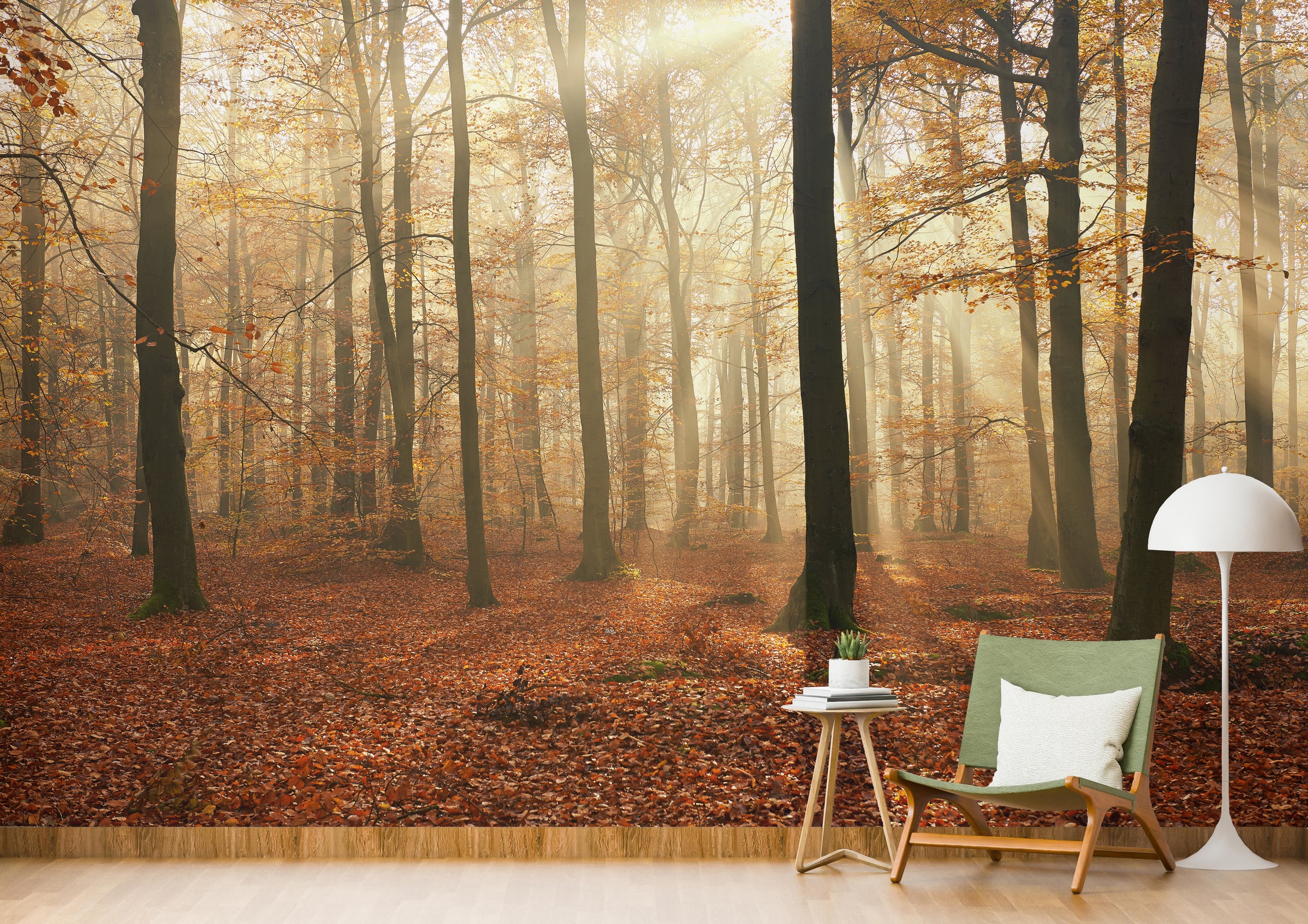Expansive jungle panorama feature wall enhancing gathering spaces with bold foliage detail and warmth.