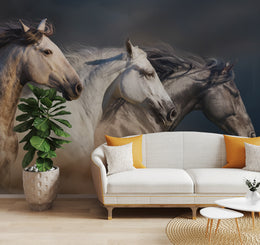 Running horse mural featuring wild stallions for rustic living room wall decor