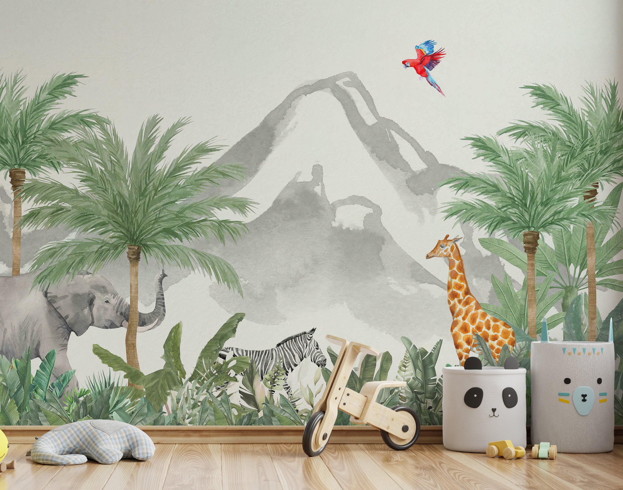 Wildlife wallpaper for children’s room highlighting vivid parrot and scenic tropical hills.