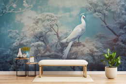 Winter Blue Forest Mural | White Peacock Art Removable Wallpaper
