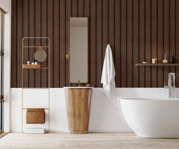Warm brown wood panel wallpaper creating statement wall in bathroom