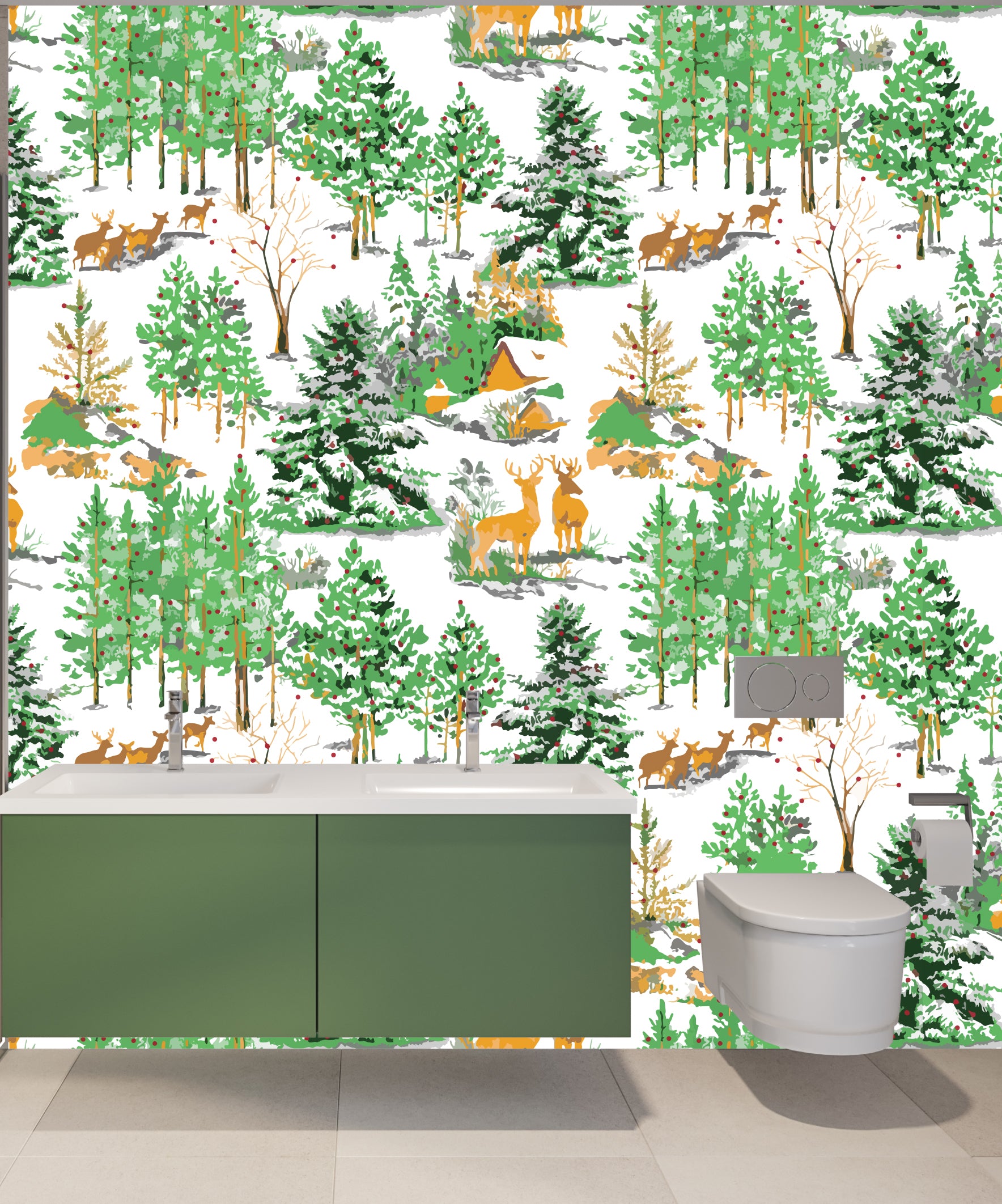 Forest animal wallpaper mural in green shades, stylish bathroom feature wall